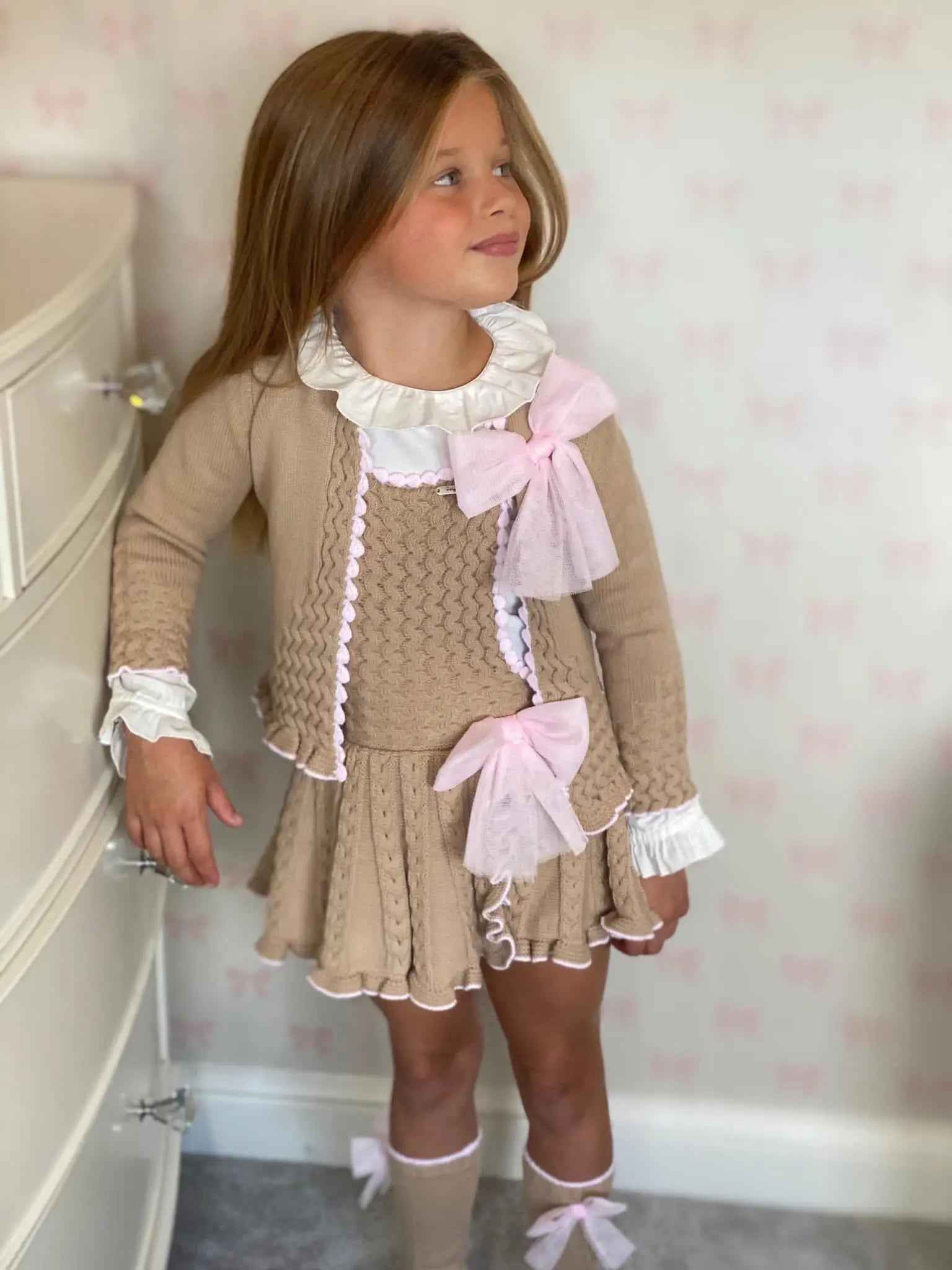 AW26 Rahigo EXCLUSIVE Camel & Pink Pinafore with Cardigan, Bow & Socks